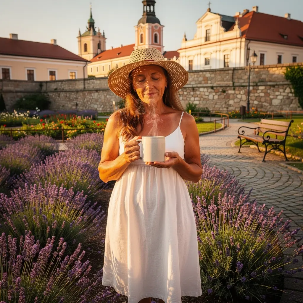 Raminantis levandų laukas saulėlydyje.