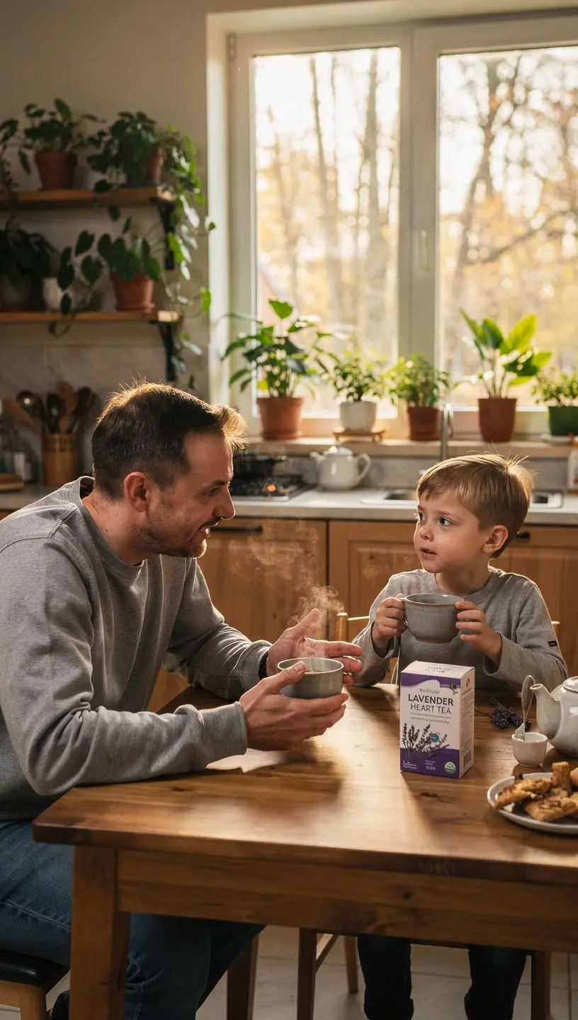 Šviežių levandų šakelės šalia arbatos pakelio.