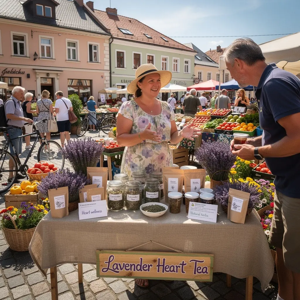Levandų širdies arbata, pateikta elegantiškame puodelyje, aplinkui matomos žydinčios levandos.